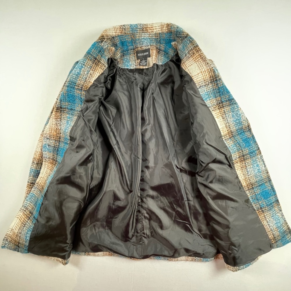 FOCUS 2000 Women's Plaid Blazer Jacket Teal Blue Brown Tweed Wool Blend Size‎ 6 - Picture 4 of 7
